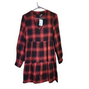 NWT Divided H&M XS red black plaid long-sleeved dress festival westerncore